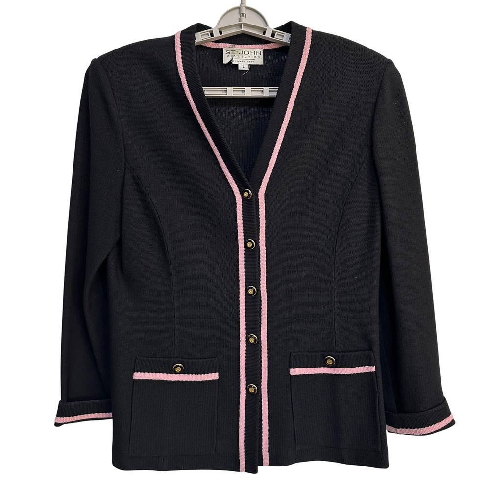 St John Collection Marie Gray Knit Jacket L Black Pink Gold Button Vtg Old Money